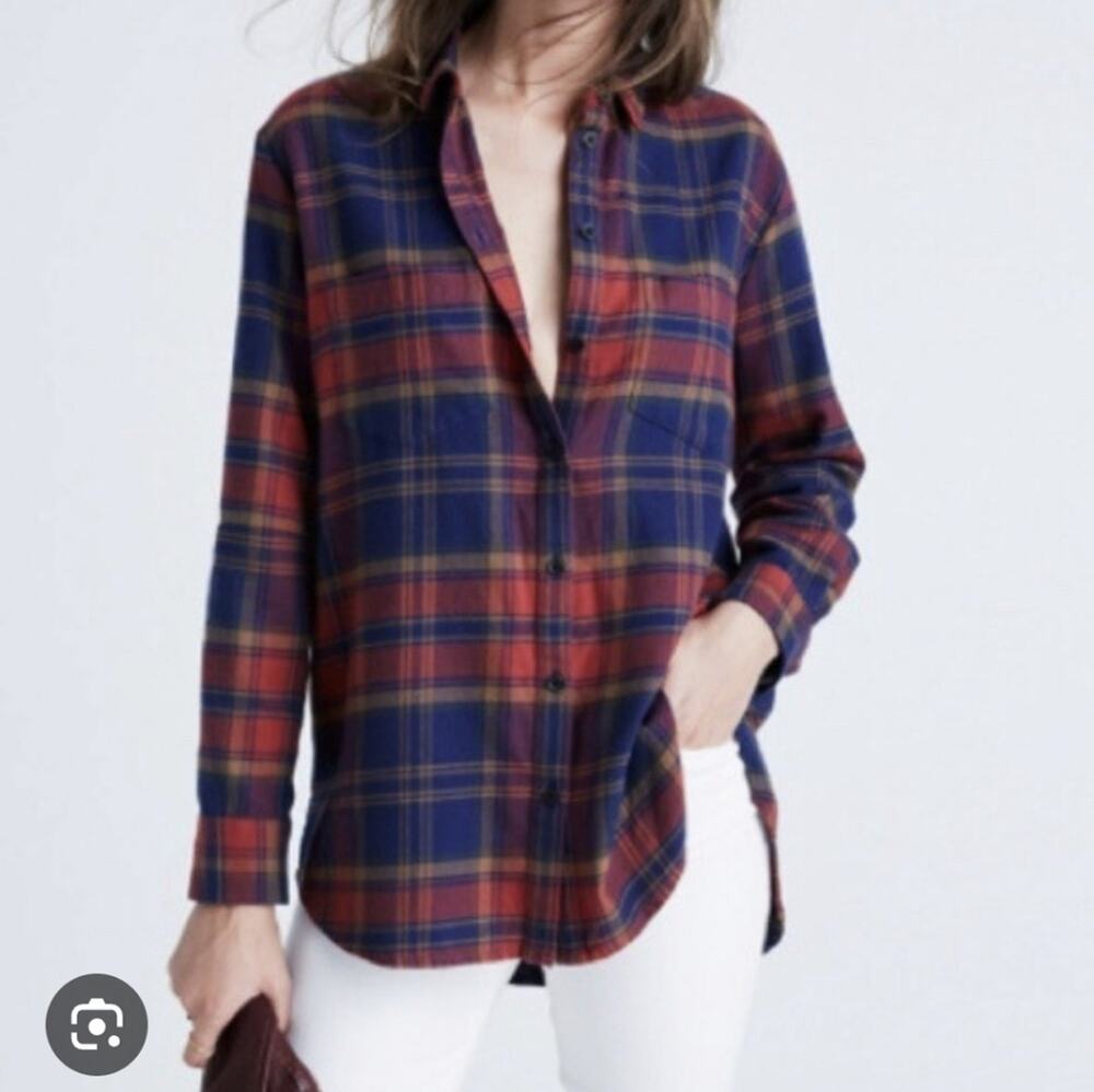 Madewell Navy and Red Plaid Oversized Boyfriend Flannel Shirt Sz.S #1837